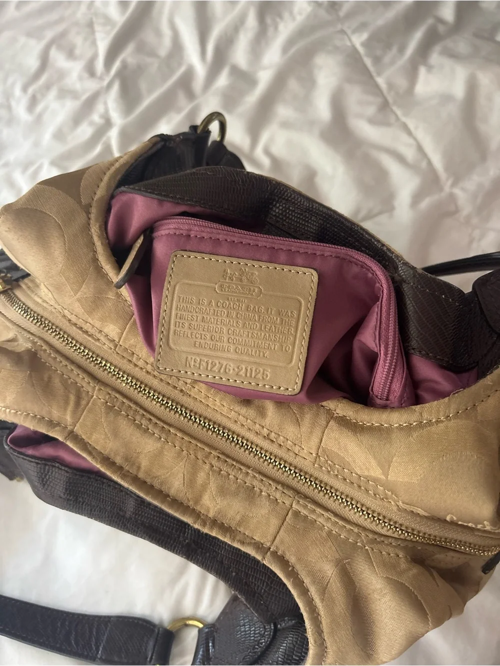 Coach Beige Signature Hobo with Dark Brown Leather Straps